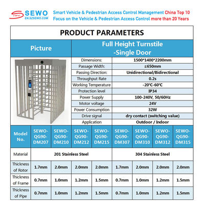 Indoor/Outdoor Full Height Turnstile Gate for Single Turnstile Access Control Security Systems